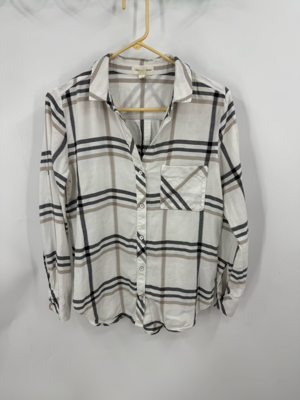cloth & stone 100% cotton Neutral Striped Shirt in White tan and Gray M